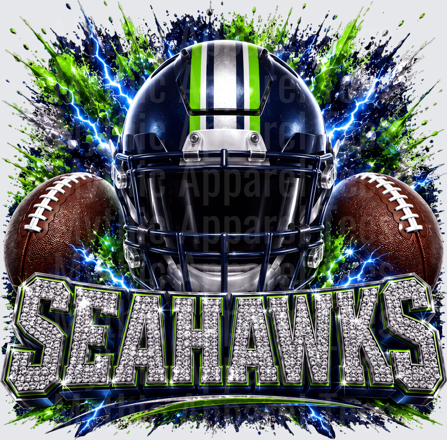 Rhinestone Style NFL Seattle Seahawks Navy and Neon Green Helmet with Dual Footballs and Lightning Bolt Splash Diamond Bling Text