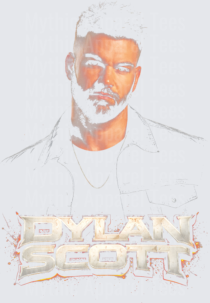 Dylan Scott Portrait Halftone Graphic with Bold Metallic Logo and Orange Splatter Accents