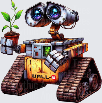 WALL-E Robot Holding Green Plant Seedling Pot Detailed Illustrated Design