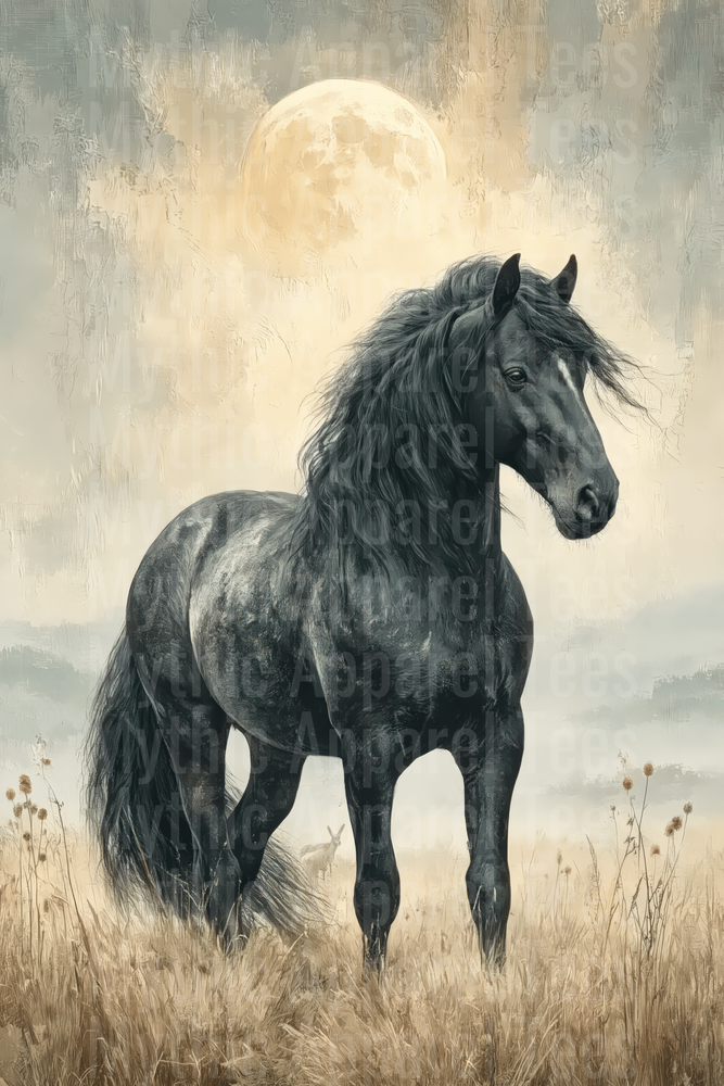 Majestic Black Friesian Horse Standing in Golden Field Under Full Moon Vintage Oil Painting Style