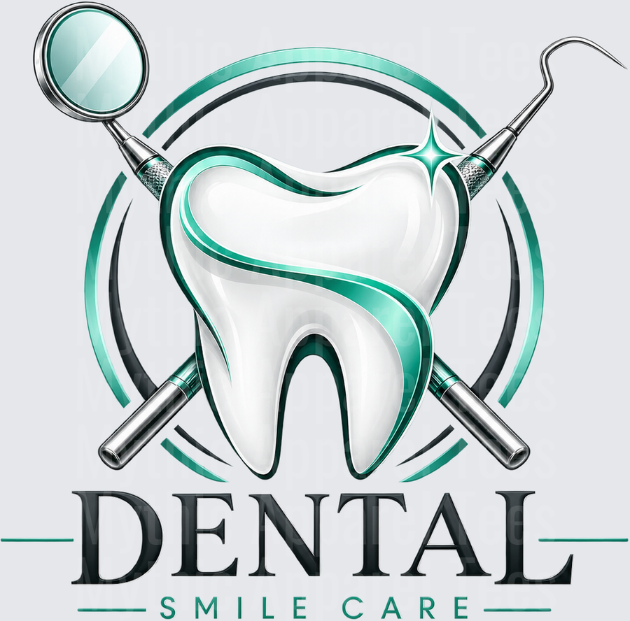Dental Smile Care Crossed Dental Tools Sparkling White Tooth Teal Swirl Emblem