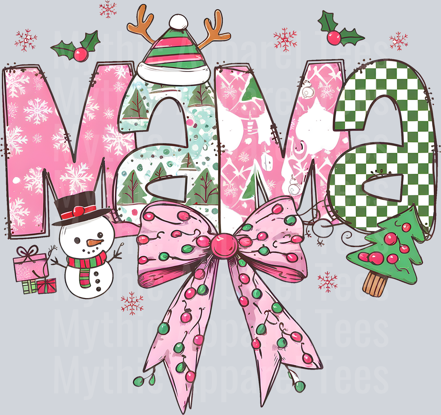 mama Christmas Pink Bow and Reindeer ears DTF Christmas Transfers