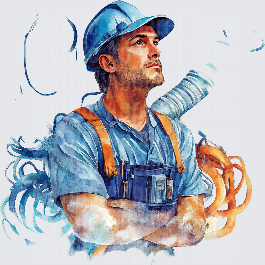 Watercolor HVAC Technician Blue Hard Hat Crossed Arms Ductwork Watercolor Splash