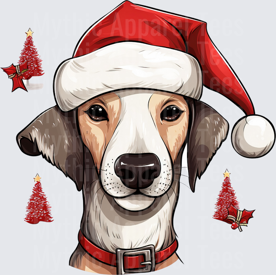 Greyhound Dog Santa Hat Red Christmas Trees Holiday Portrait