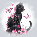 Black Cat With Pink Flowers, Cat Transfers, Spring, Floral Cat Designs, Butterflies, Cute Style