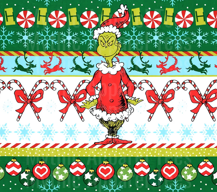 The Grinch in Santa Suit Ugly Christmas Sweater Pattern with Candy Canes Ornaments Reindeer and Peppermint Stripes
