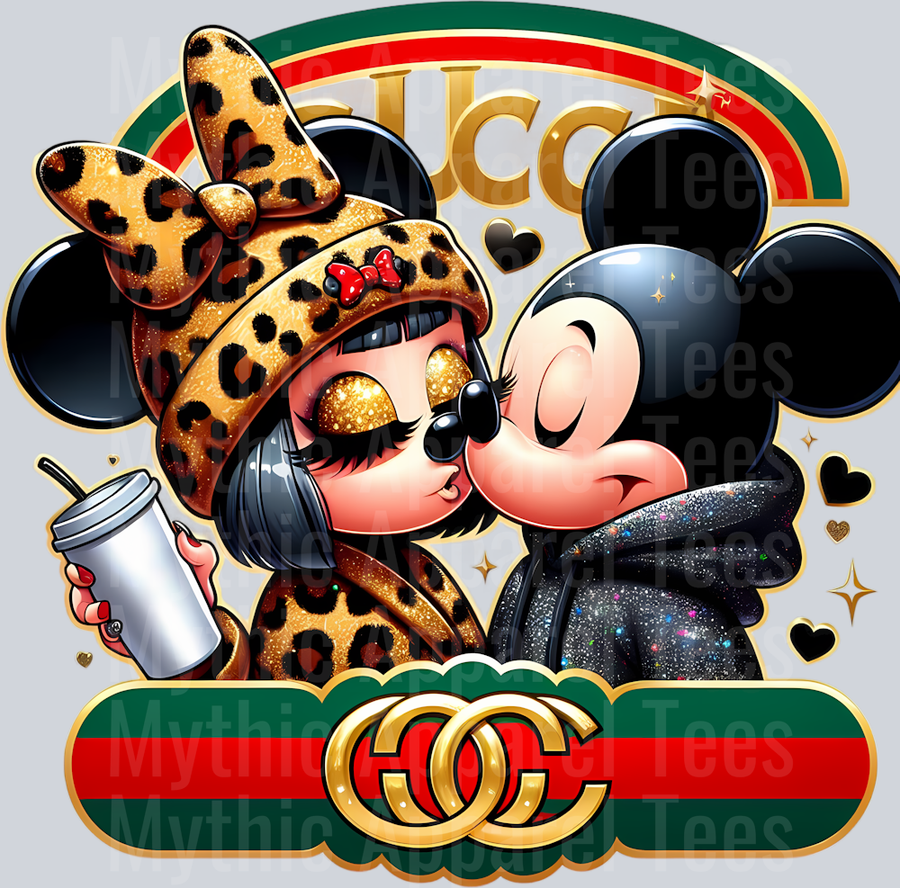 Mickey and Minnie Kissing Leopard Print Disney DTF Gucci Mickey Transfers