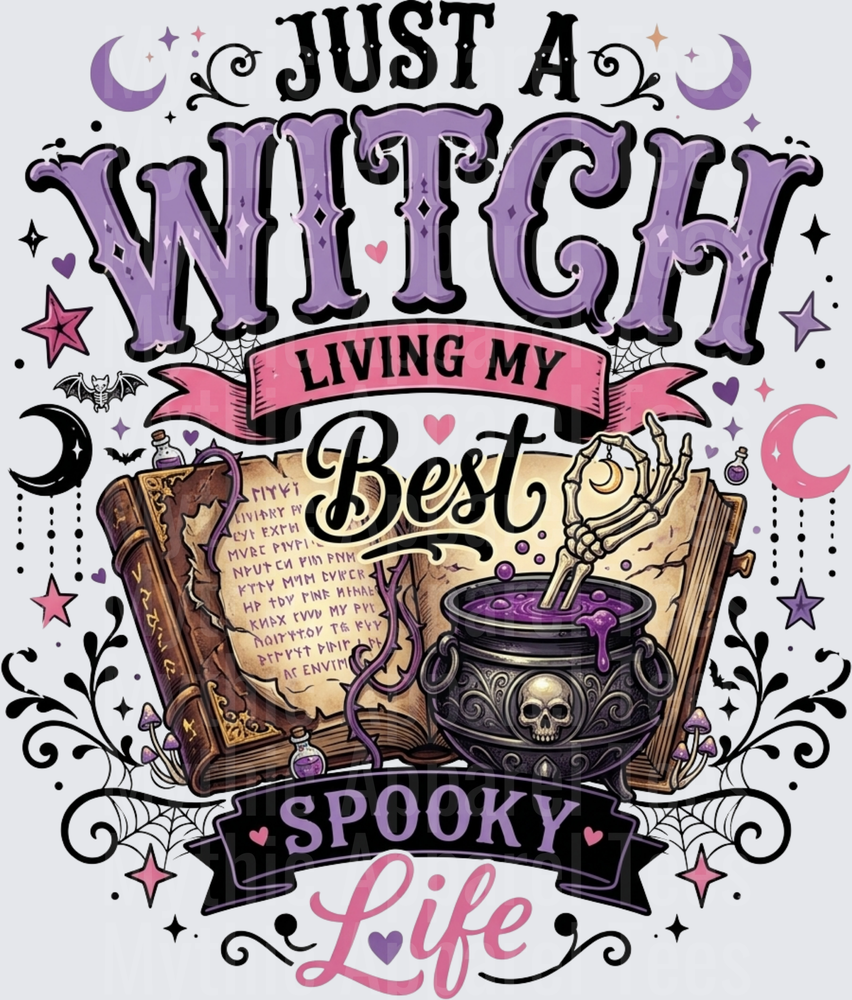 Just A Witch Living My Best Spooky Life Purple Cauldron Spell Book Skeleton Hand Halloween