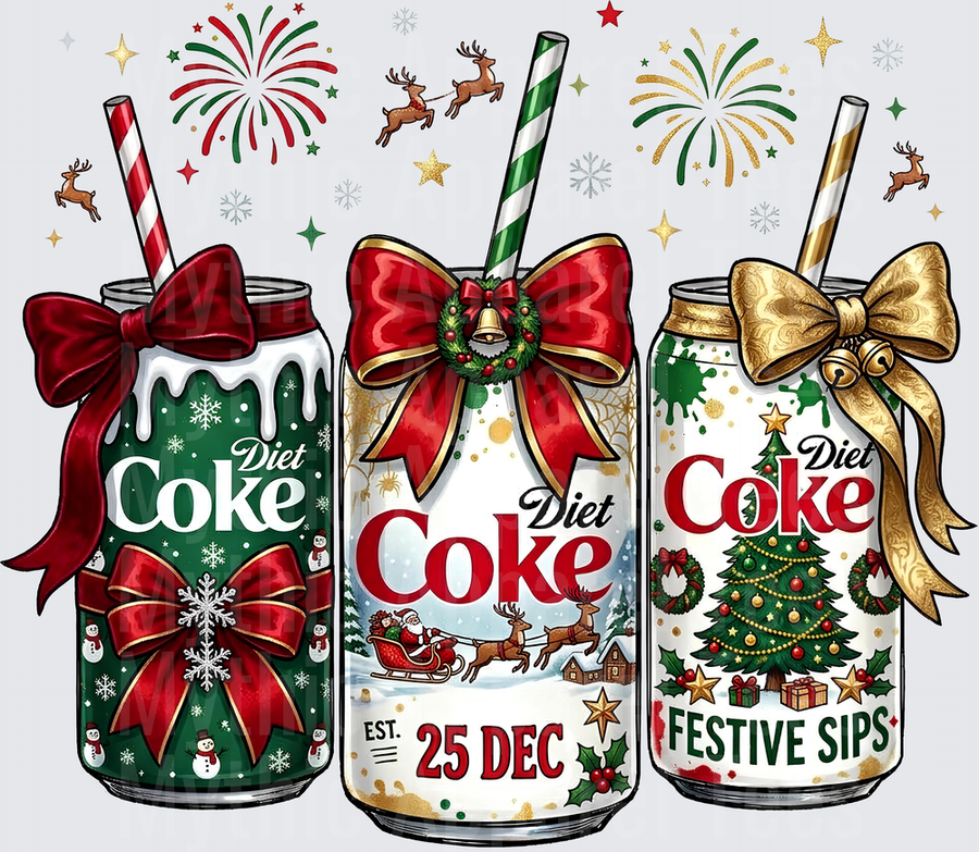 Three Festive Diet Coke Cans with Christmas Bows Snowman Santa Sleigh and Holiday Trees Festive Sips Est 25 Dec Design