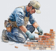 Watercolor Bricklayer Mason Kneeling Laying Brick Wall with Trowel and Tool Belt