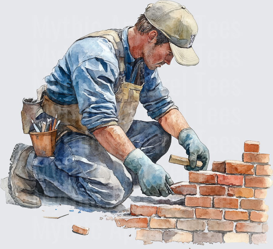 Watercolor Bricklayer Mason Kneeling Laying Brick Wall with Trowel and Tool Belt