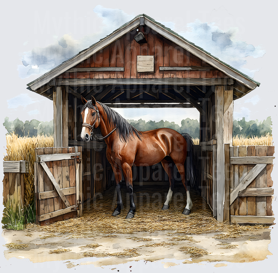 Farm Life and Farm Animals Bay Horse Standing in Rustic Wooden Barn