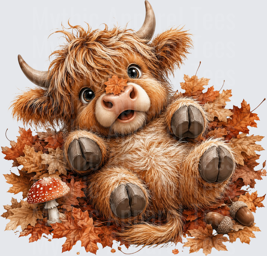 Cute Baby Highland Cow Playing in Autumn Leaves with Mushroom and Acorns Fall Season