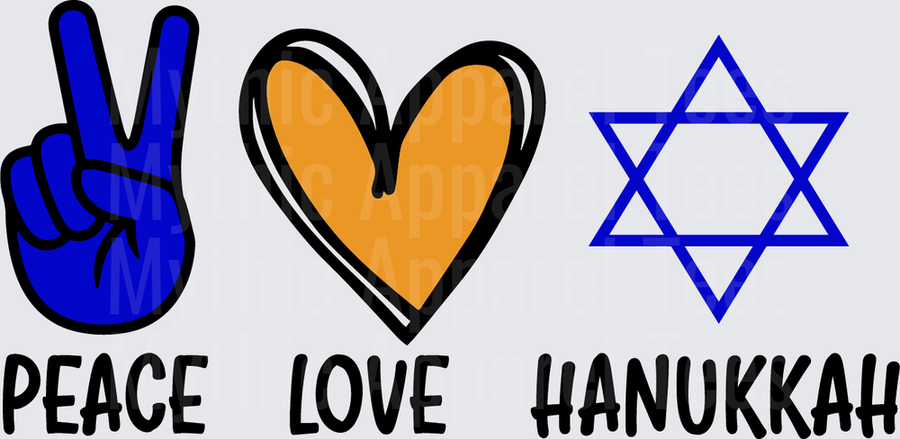 Peace Love Hanukkah Blue Hand Peace Sign Gold Heart Star of David