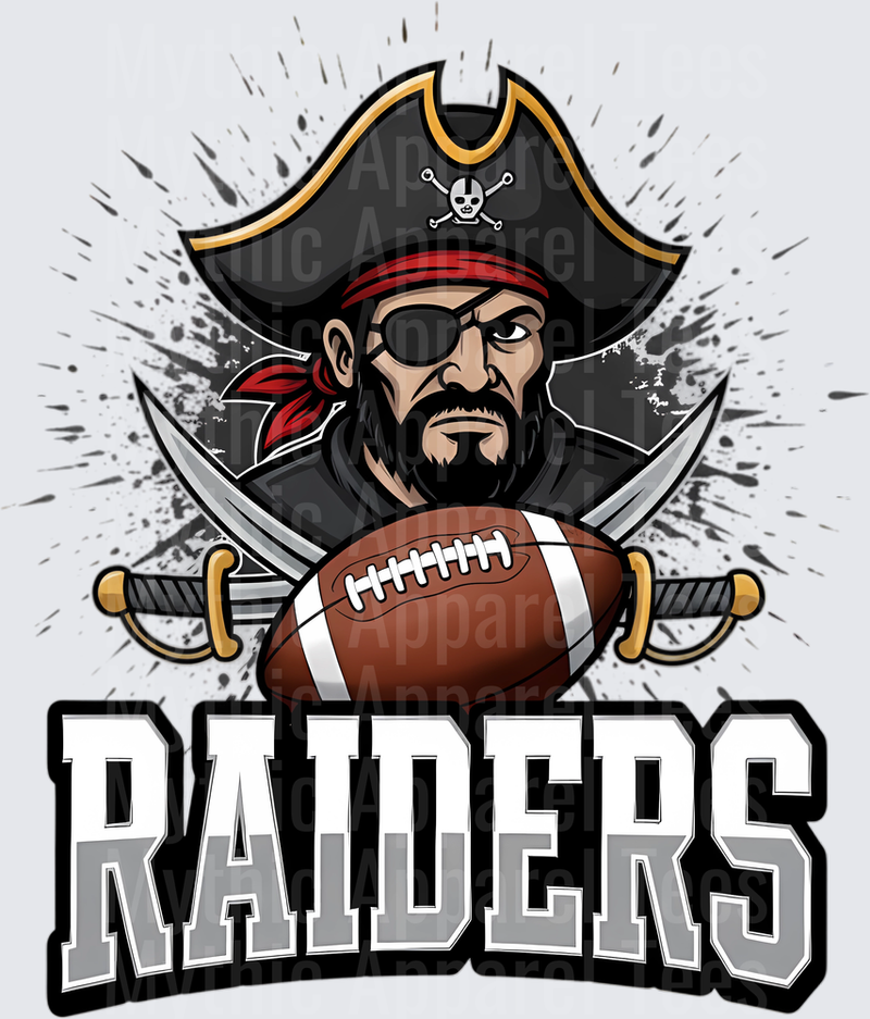 Raiders Pirate Mascot with Crossed Swords and Football Splatter Design