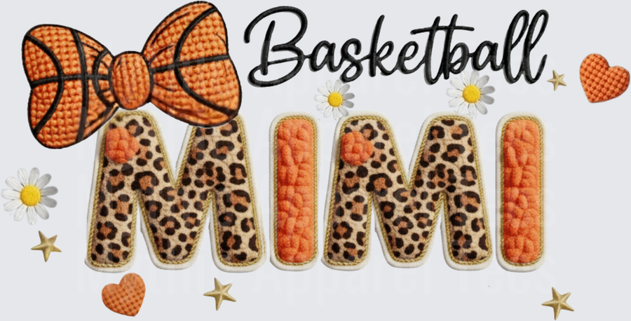 Basketball Mimi Leopard Print Chenille Letter Design with Basketball Bow Daisy Flowers and Hearts