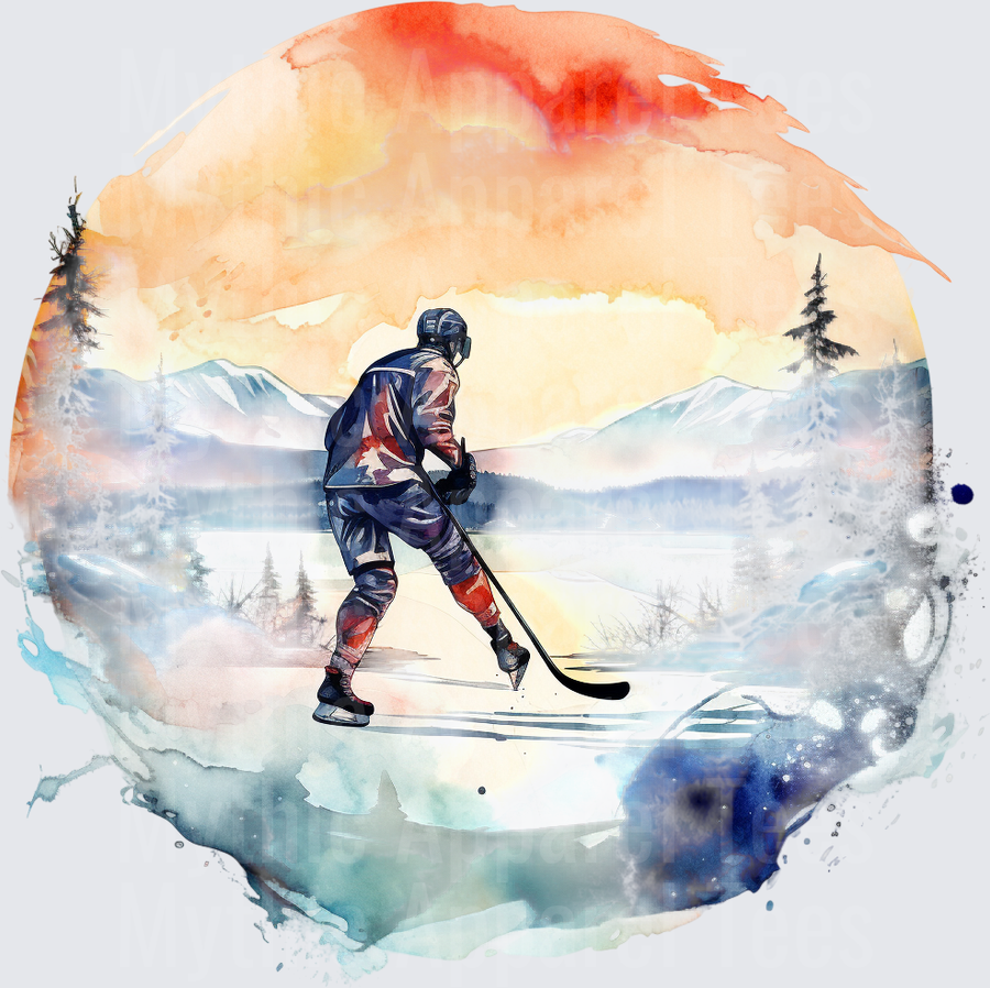 Ice Hockey Player Watercolor Winter Landscape Sunset Scene