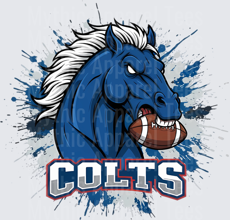 Fierce Blue Colts Horse Mascot Biting Football with Paint Splatter Background