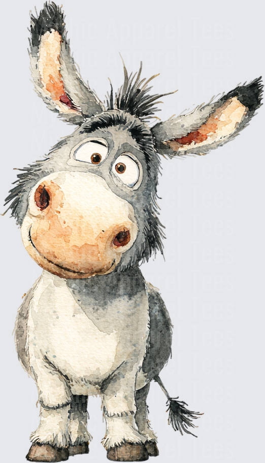 Cute Watercolor Cartoon Donkey with Big Ears and Silly Expression