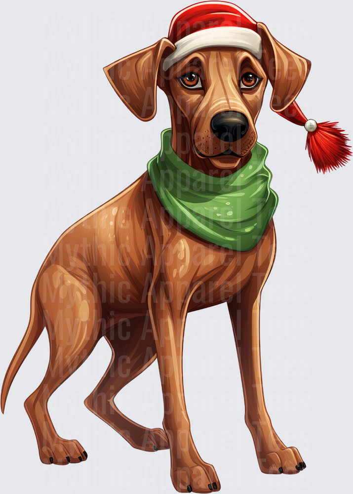 Rhodesian Ridgeback Dog Wearing Santa Hat and Green Bandana Christmas Holiday Illustration