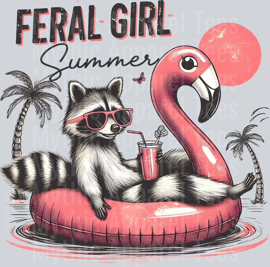 Feral Girl Summer Pink Flamingo and sun DTF Racoon Transfers