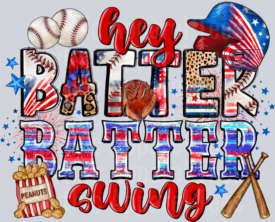 Hey Batter Batter Swing Baseball 4th of july DTF Patriotic Transfers