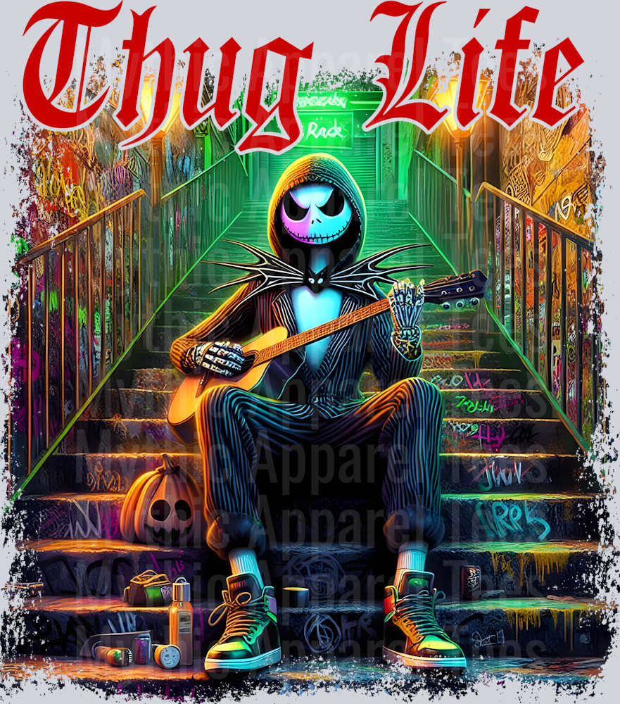 Jack Skellington playing guitar on stairs Nightmare before Christmas DTF Thug Life Transfers