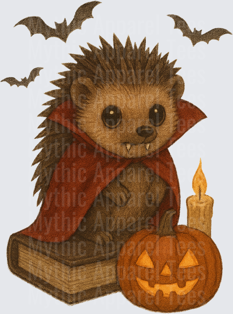 Cute Vampire Hedgehog Dracula Cape Halloween Jack-O-Lantern Candle Spooky Bats Illustrated Design