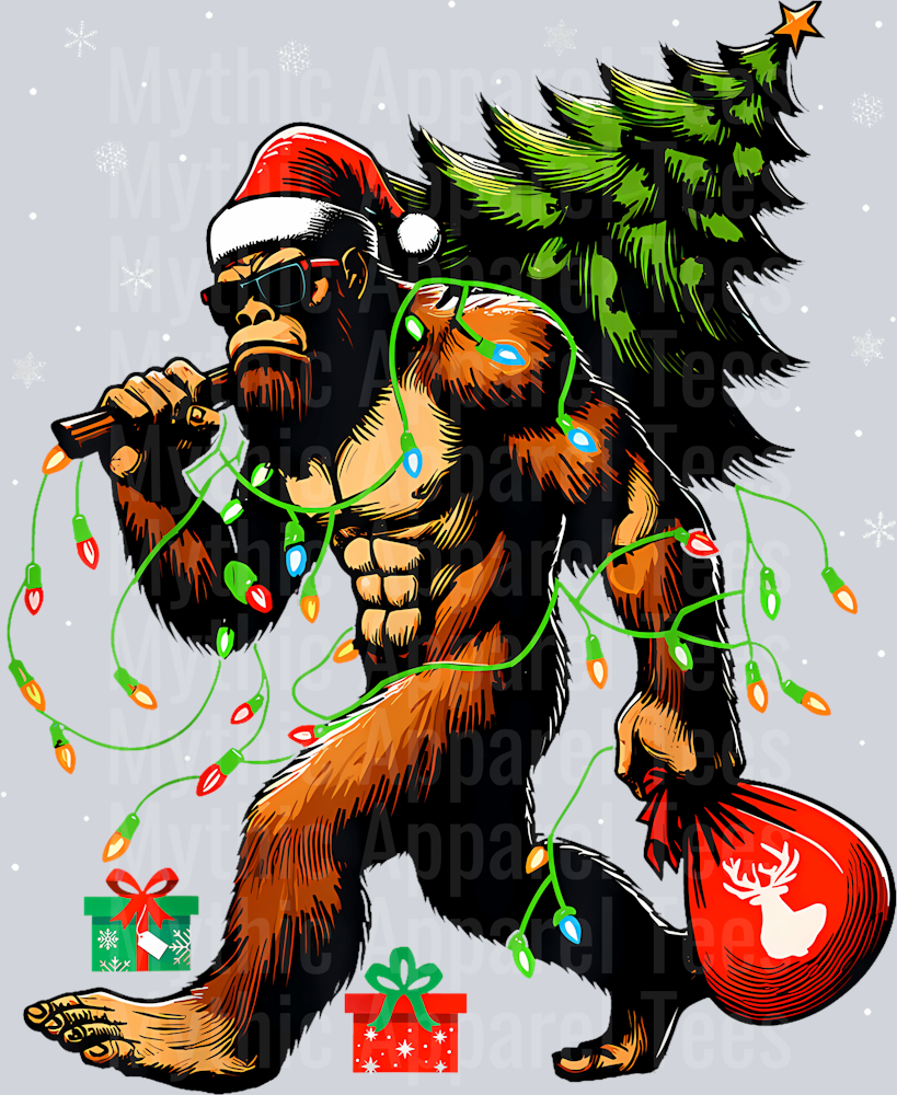 14 Santa Bigfoot Christmas Tree Xmas Lights Funny Sasquatch T-Shirt