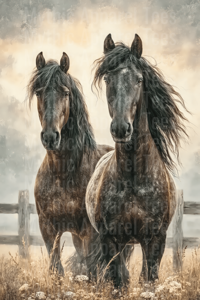 Two Dark Friesian Horses Standing in Wildflower Field with Rustic Fence Vintage Oil Painting Style