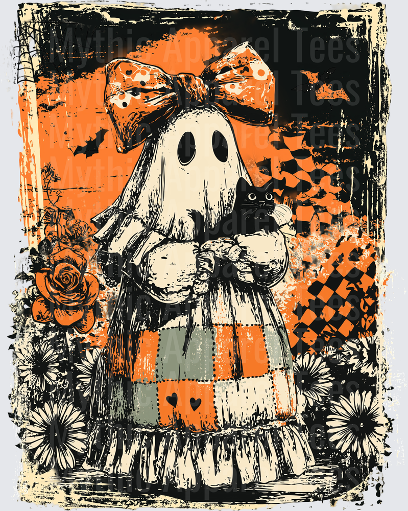 Distressed Halloween Vintage Ghost Girl in Plaid Dress Holding Black Cat with Orange Bow and Floral Accents