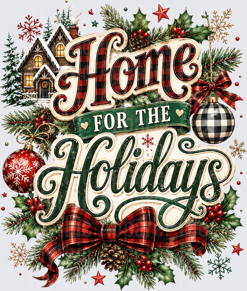 Home For The Holidays Buffalo Plaid Vintage Christmas Cottage Holly Pine Ornament Design