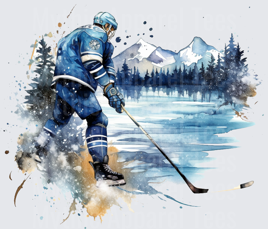 Ice Hockey Player Skating on Frozen Lake Watercolor Art