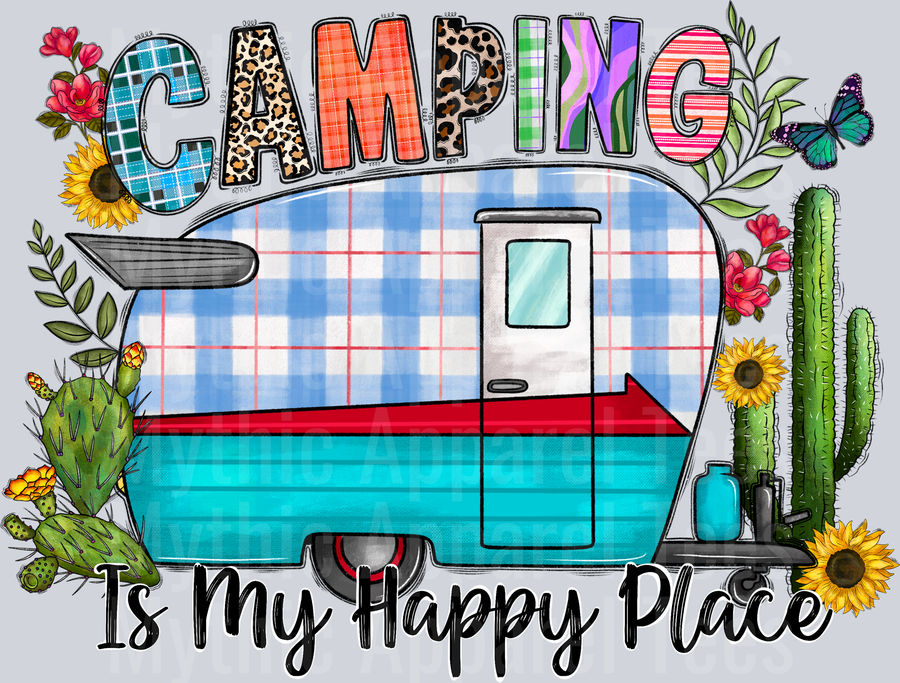 Camping is my happy place plad camper DTF Summer Transfers