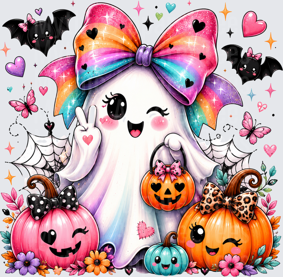Cute Kawaii Ghost with Rainbow Glitter Bow Peace Sign Holding Jack-O-Lantern Bucket Surrounded by Adorable Pumpkins Bats Butterflies and Spiderwebs Halloween