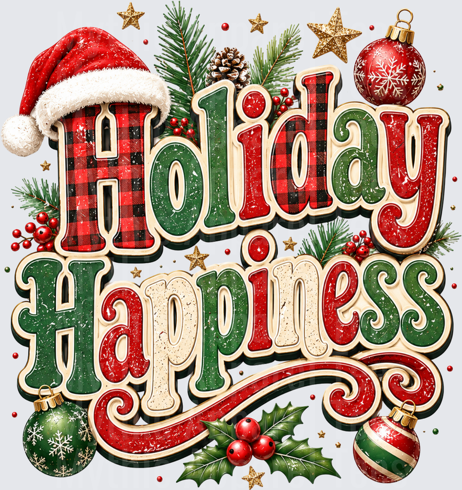 Holiday Happiness Buffalo Plaid Christmas Typography with Santa Hat Ornaments Holly and Pine Branches