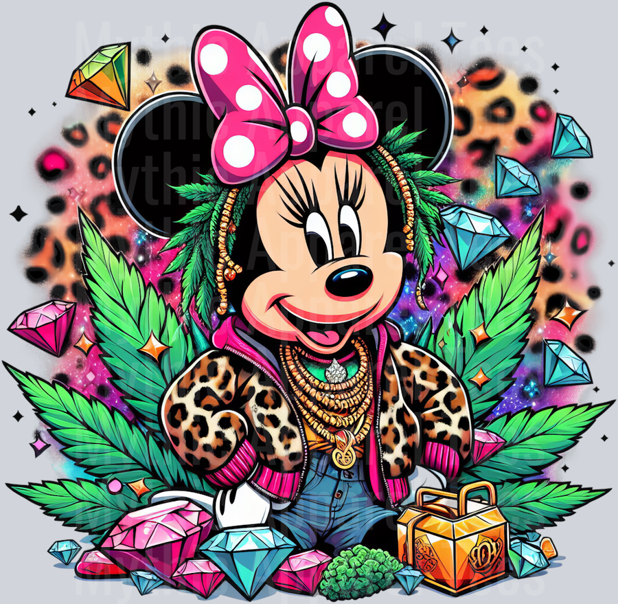 Minnie Mouse 5 Cheeta Print Jewels Smoking Weed DTF Weed Transfers