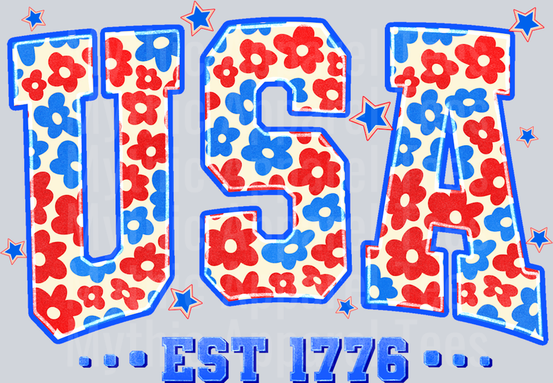 Usa EST 1776 Floral Red White blue Red White and Blue Patriotic DTF 4th of July Transfers