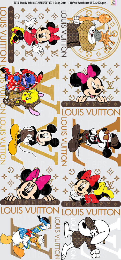 Gang Sheet FULL SIZE DESIGNS Disney Mickey Mouse Minnie Mouse Stitch Donald Duck Louis Vuitton Inspired Collection