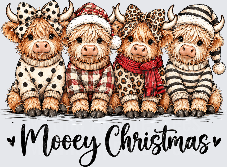 Mooey Christmas Four Cute Highland Cows in Holiday Pajamas with Polka Dot Bow Buffalo Plaid Santa Hat Leopard Print Scarf and Striped Nightcap