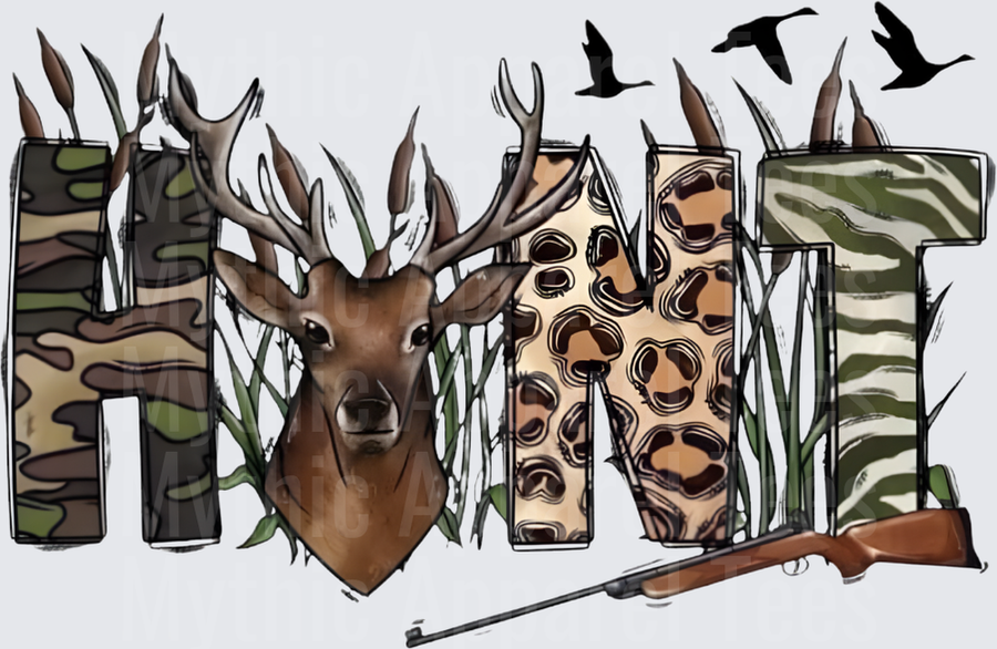 HUNT Letters Camo Leopard Buck Deer Rifle Flying Ducks