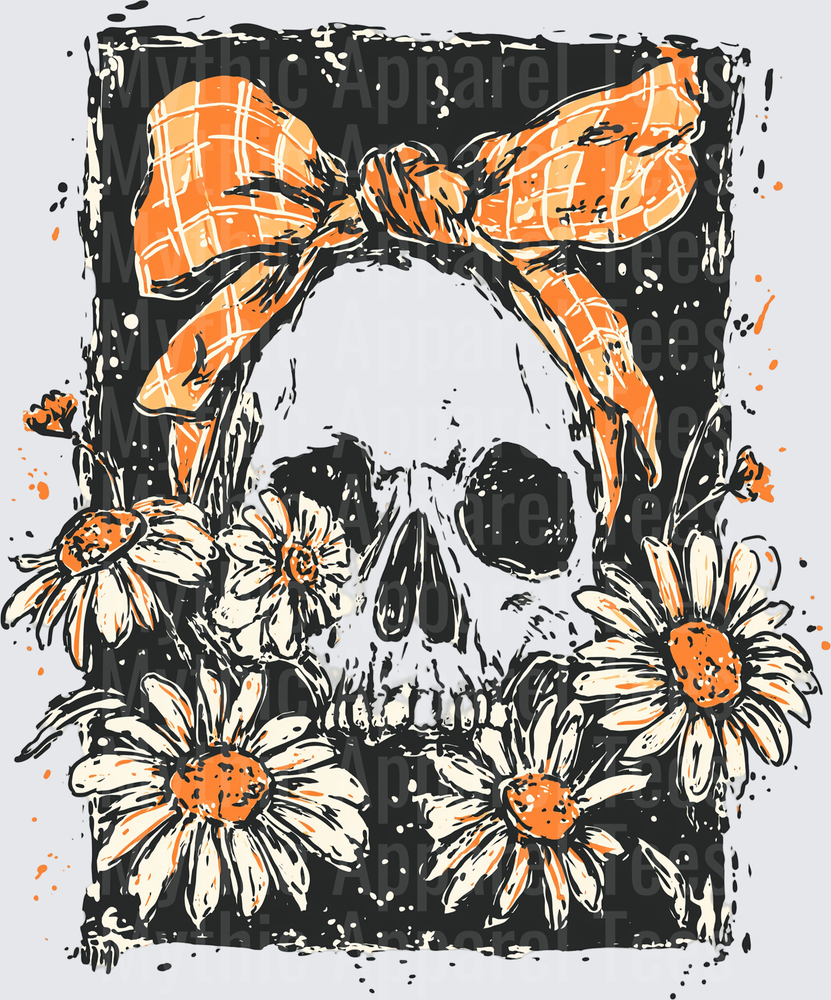 Distressed Halloween Skull with Orange Plaid Bow and Daisy Flowers Grunge Design