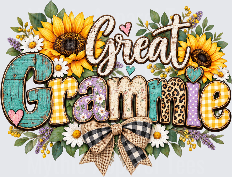 Great Grammie Sunflower Floral Patchwork Letter Design with Buffalo Plaid Burlap Bow and Daisies