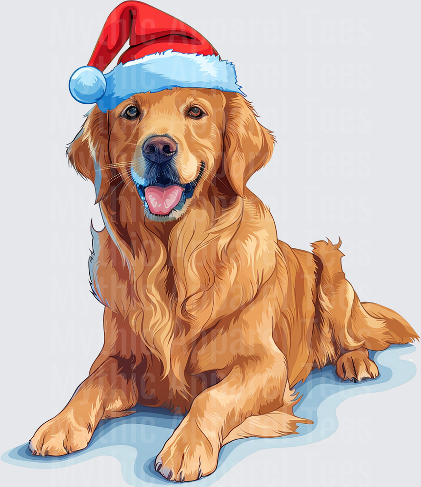 Happy Golden Retriever Wearing Red and Blue Santa Hat Christmas Holiday