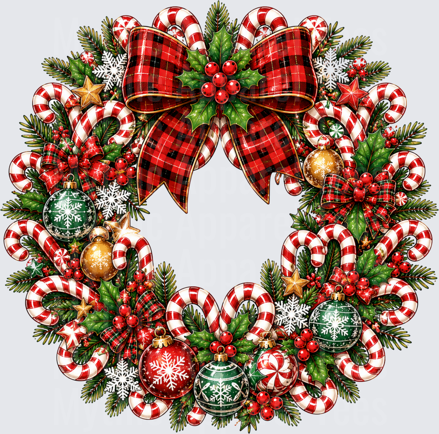 Classic Christmas Wreath with Buffalo Plaid Bow Candy Canes Holly Berries and Ornaments
