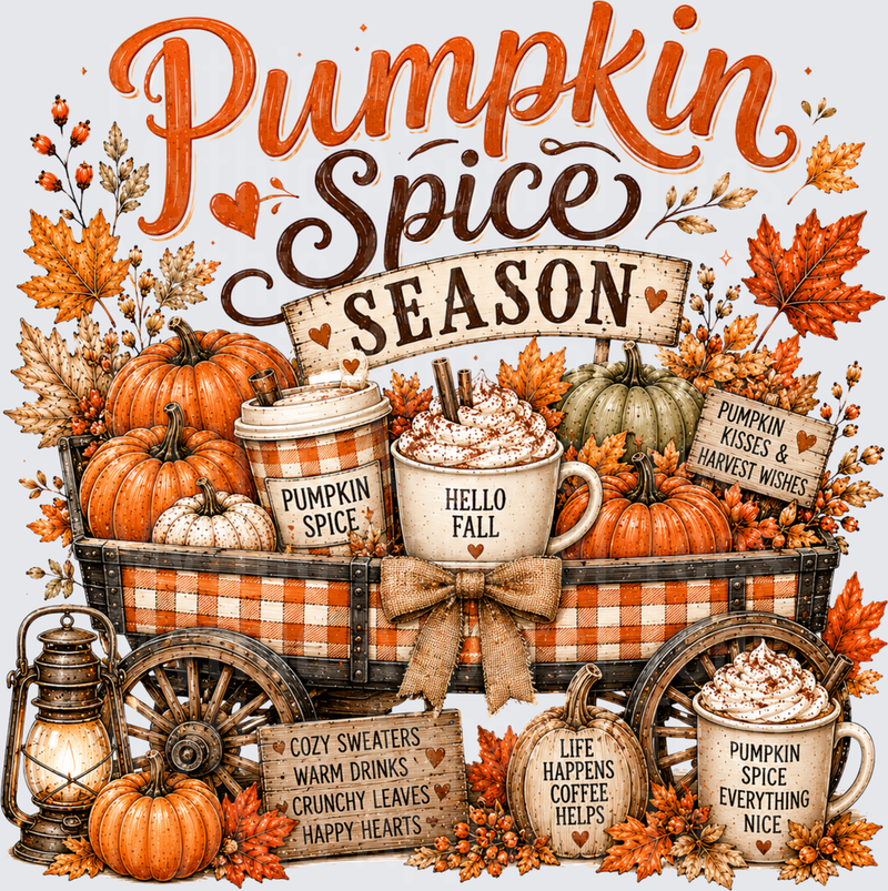 Pumpkin Spice Season Fall Harvest Wagon with Autumn Leaves Cozy Sayings and Whipped Cream Coffee Mugs