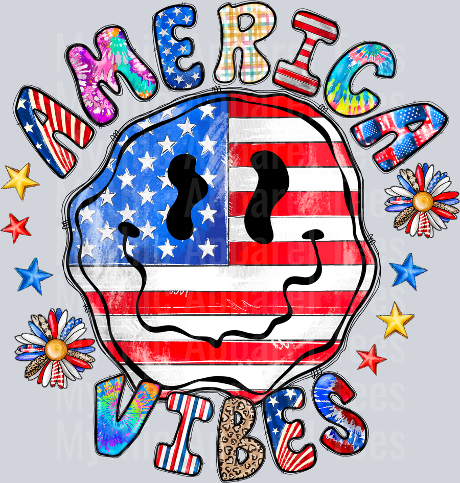 American Vibes Smiley Face 4th of july DTF Patriotic Transfers
