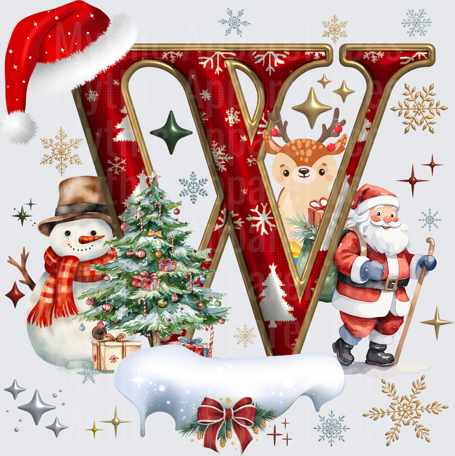 Christmas Letter W with Santa Claus Snowman Reindeer and Decorated Tree Holiday Monogram