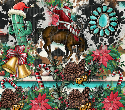 Western Christmas Santa Riding Bucking Bronco Cowhide Turquoise Squash Blossom Cactus Holiday Collage