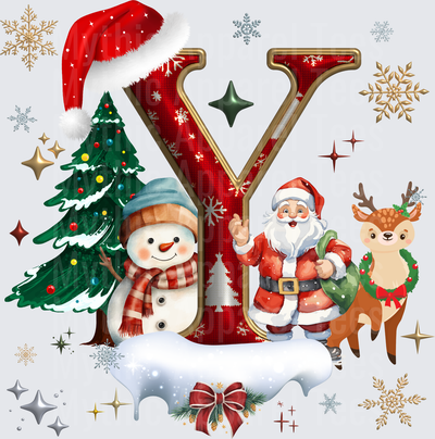 Christmas Letter Y with Santa Claus Snowman Reindeer and Decorated Tree Holiday Monogram
